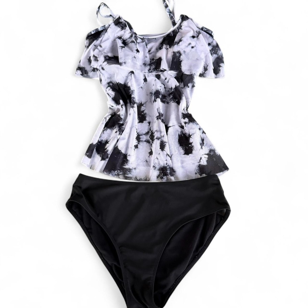 Black & White Tie Dye Mesh Overlay Tankini Swimsuit Set XL Adjustable Straps